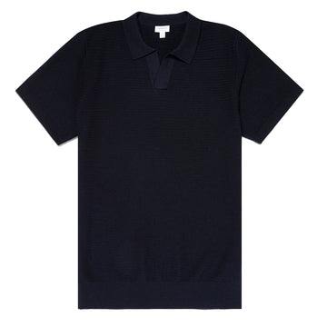 Sunspel Open Textured Polo Shirt Navy - Parasol Store