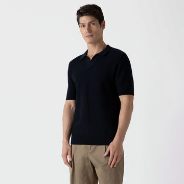 Sunspel Open Textured Polo Shirt Navy - Parasol Store