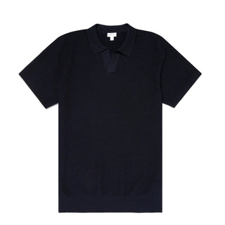 Sunspel Open Textured Polo Shirt Navy - Parasol Store