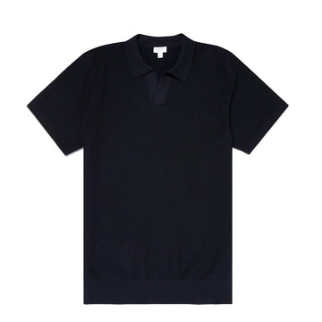 Sunspel Open Textured Polo Shirt Navy - Parasol Store