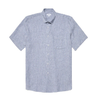 Sunspel SS Italian Linen Shirt Navy / White Linen Stripe - Parasol Store