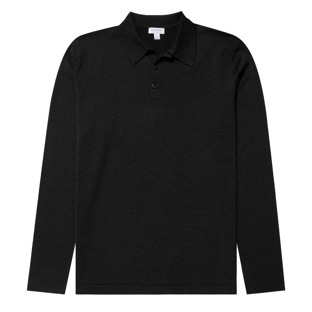 Sunspel Sea Island L/S Polo Knitwear Black - Parasol Store