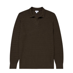 Sunspel Textured Cotton L/S Polo Knitwear Khaki - Parasol Store
