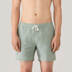 Sunspel Textured Stripe Swimshort Bright Green / White Seersucker Pinstripe