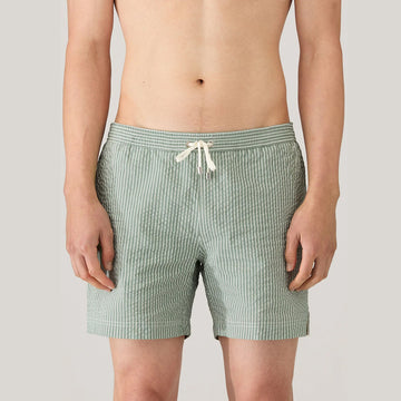 Sunspel Textured Stripe Swimshort Bright Green / White Seersucker Pinstripe