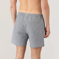 Sunspel Textured Stripe Swimshort Navy / White Seersucker Pinstripe