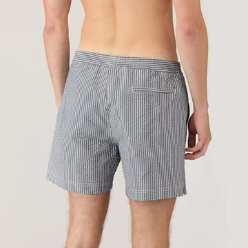 Sunspel Textured Stripe Swimshort Navy / White Seersucker Pinstripe