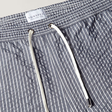 Sunspel Textured Stripe Swimshort Navy / White Seersucker Pinstripe