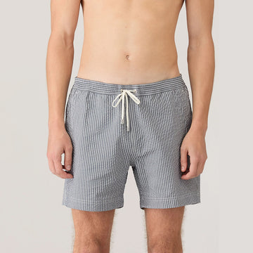 Sunspel Textured Stripe Swimshort Navy / White Seersucker Pinstripe