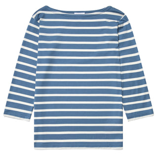 Sunspel Womens 3/4 Sleeve Boat Neck T-Shirt Bluestone / Ecru Breton Stripe Sunspel