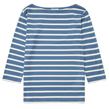 Sunspel Womens 3/4 Sleeve Boat Neck T-Shirt Bluestone / Ecru Breton Stripe Sunspel