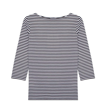 Sunspel Womens 3/4 Sleeve Boat Neck T-Shirt White / Navy Stripe - Parasol Store