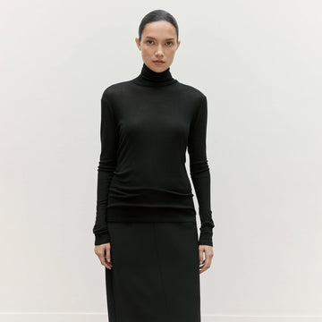 Sunspel Womens Fine Wool Jersey L/S Funnel Neck Top Black