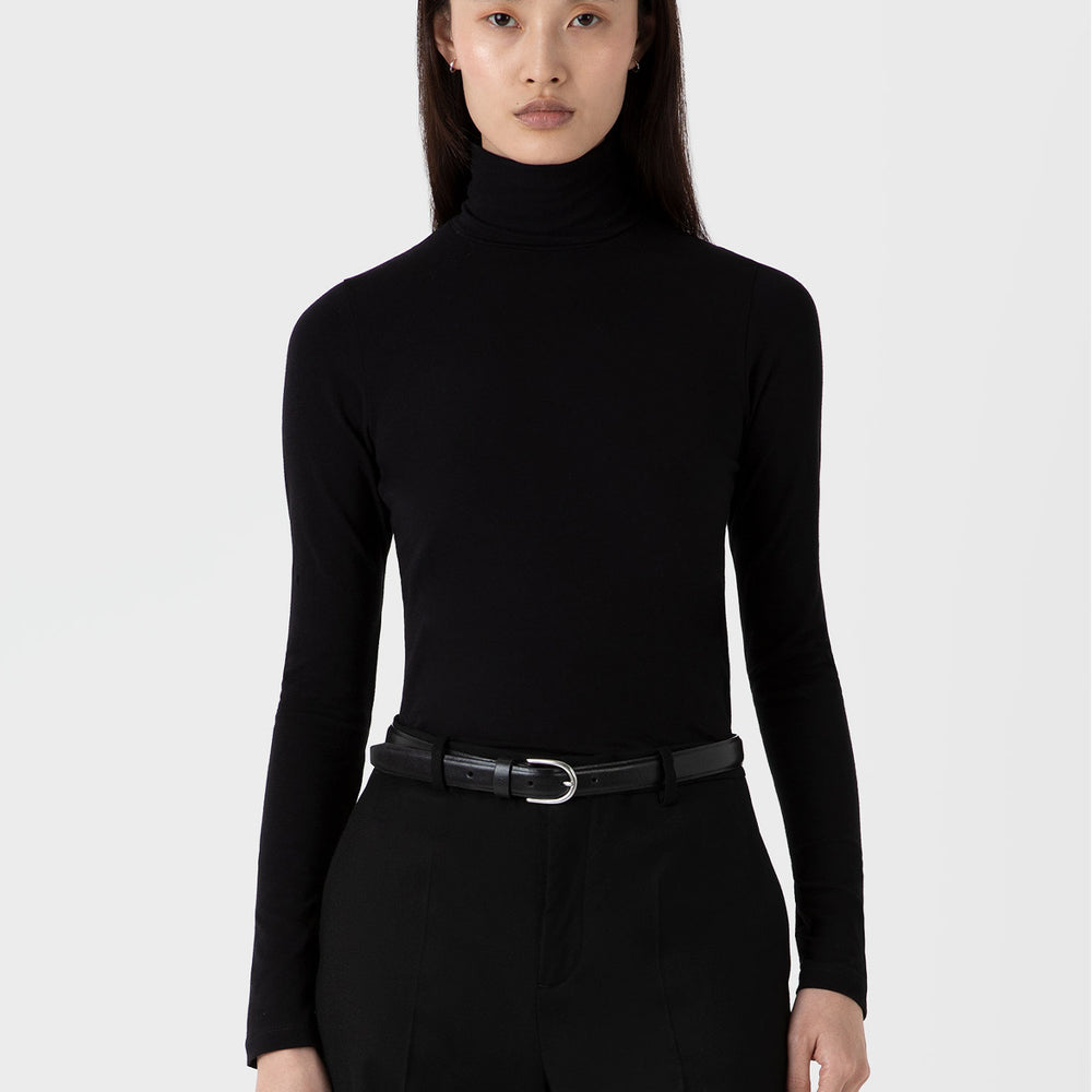 Sunspel Womens L/S Roll Neck Top Black - Parasol Store