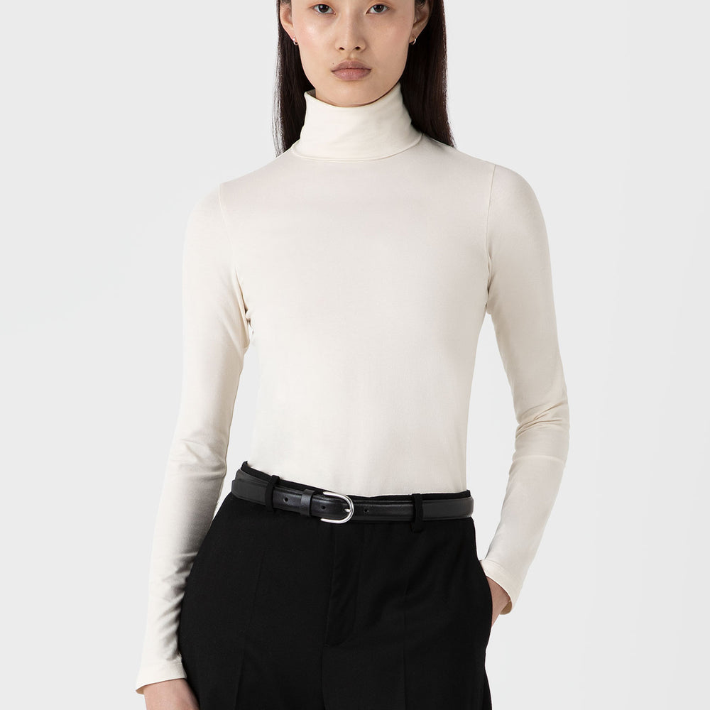Sunspel Womens L/S Roll Neck Top Ecru - Parasol Store