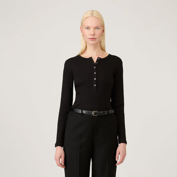 Sunspel Womens Rib L/S Henley Black - Parasol Store