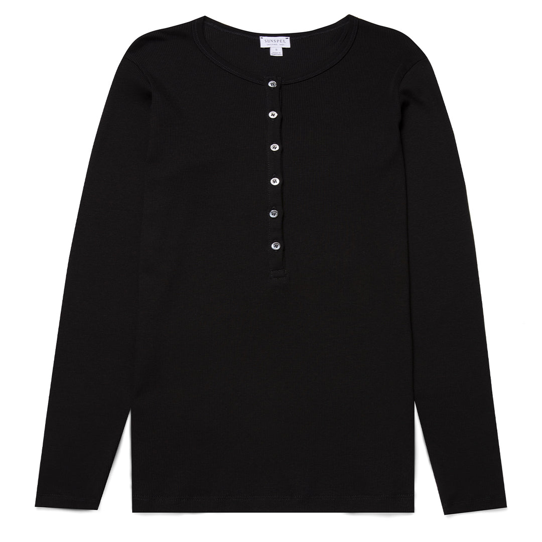 Sunspel Womens Rib Henley Black - Parasol Store