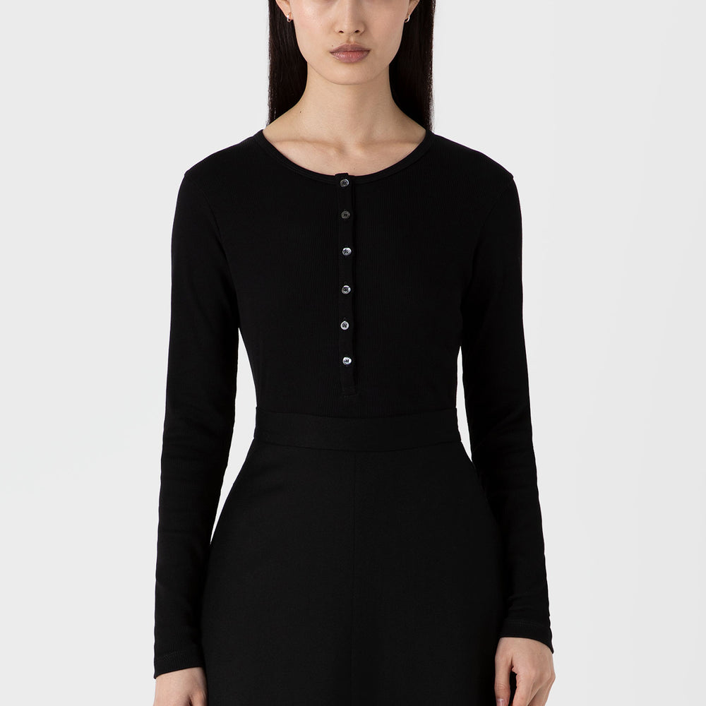 Sunspel Womens Rib Henley Black - Parasol Store