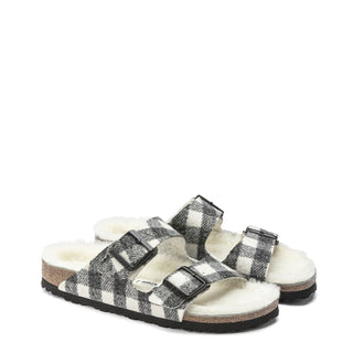 Birkenstock Womens Arizona Shearling Wool Narrow Sandal Plaid White Birkenstock
