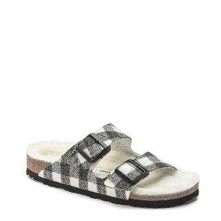 Birkenstock Womens Arizona Shearling Wool Narrow Sandal Plaid White Birkenstock