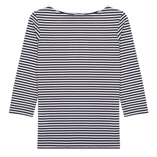 Sunspel Womens 3/4 Sleeve Boat Neck T-Shirt White / Navy Stripe Sunspel