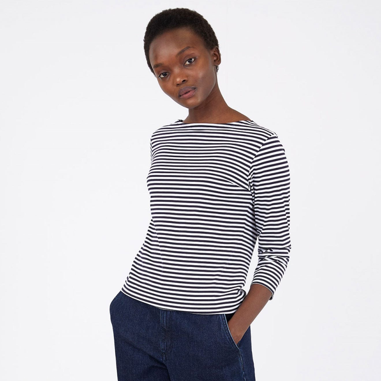 Sunspel Womens 3/4 Sleeve Boat Neck T-Shirt White / Navy Stripe Sunspel