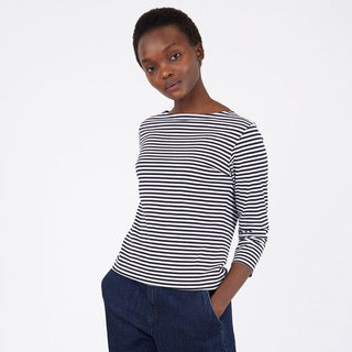 Sunspel Womens 3/4 Sleeve Boat Neck T-Shirt White / Navy Stripe Sunspel