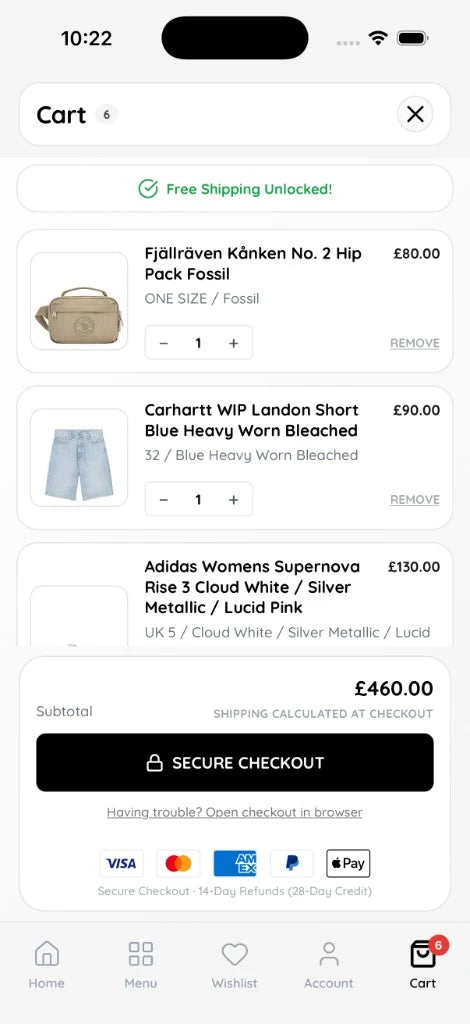 Parasol Store app cart screen with secure checkout
