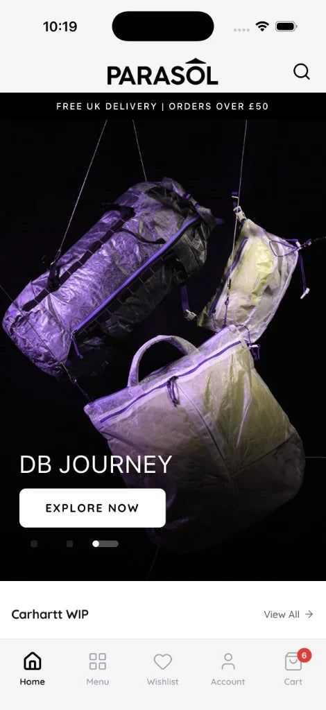 Parasol Store app home screen showing new arrivals